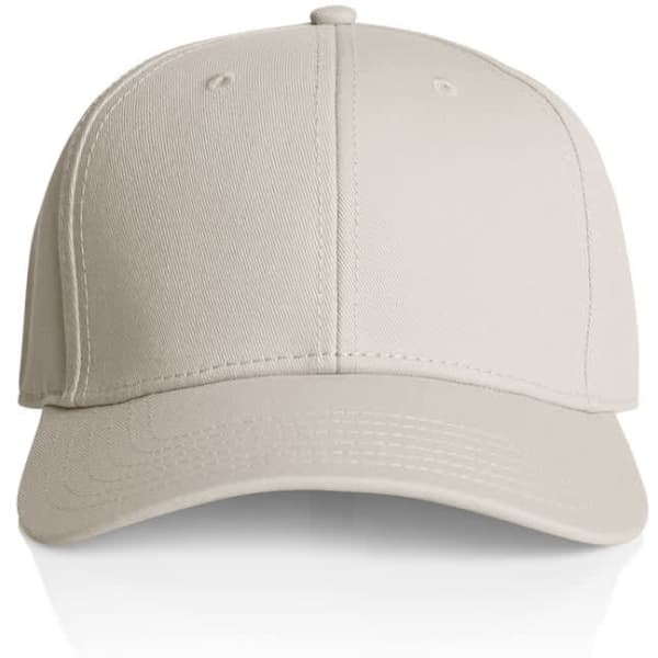 A beige cap with a structured front, featuring an adjustable strap at the back and a logo.