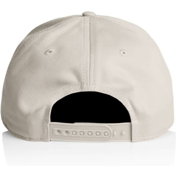 A beige cap with a black interior and an adjustable strap at the back. Features a logo.