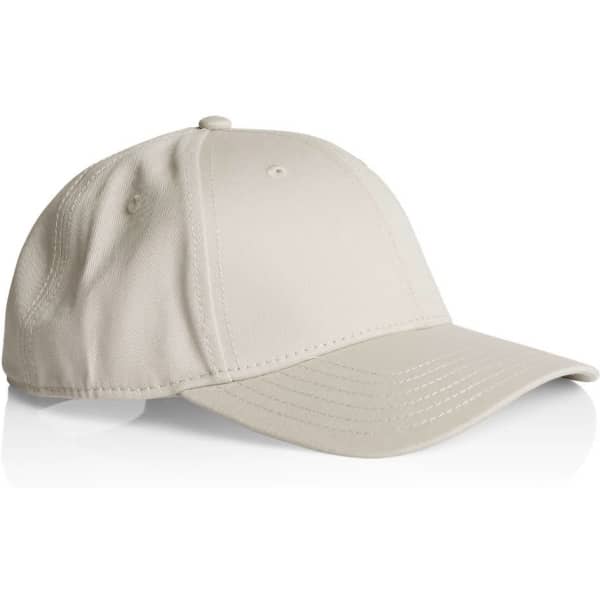 A beige cap with a curved brim, featuring a logo on the front.