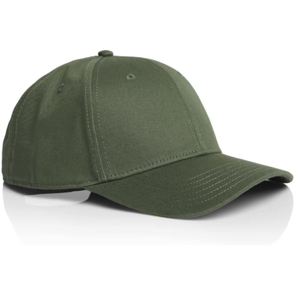 A green cap with a curved visor and a stitched design, featuring a logo on the front.