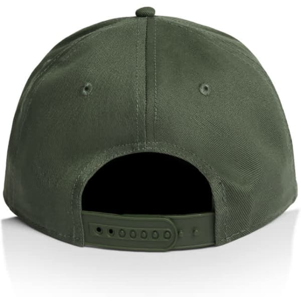 A green cap featuring a rear adjustable strap and a logo on the back.