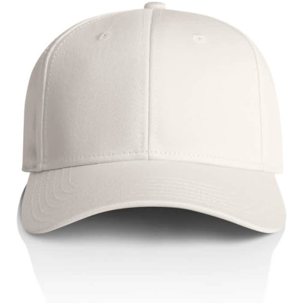 A white cap featuring a structured design and a logo on the front. Ideal for casual headwear.