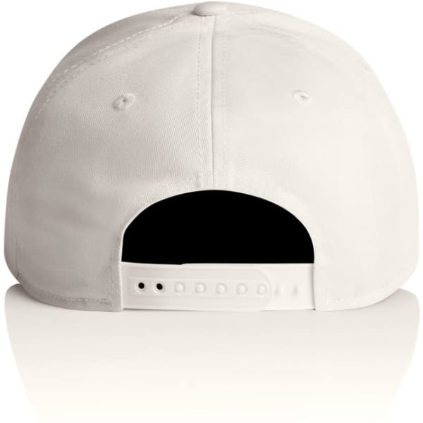 A white cap featuring a black underbrim and an adjustable strap at the back. It has a logo on the side.