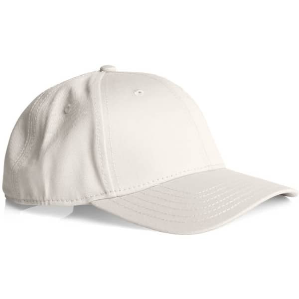 A beige cap featuring a curved brim and a structured design, with a logo on the front.