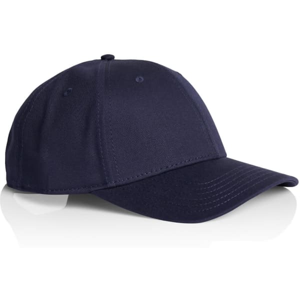 A navy blue cap with a curved brim and a logo on the front, showcased against a plain background.
