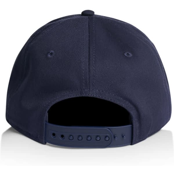 A navy blue cap featuring a structured design and an adjustable strap at the back, with a logo.