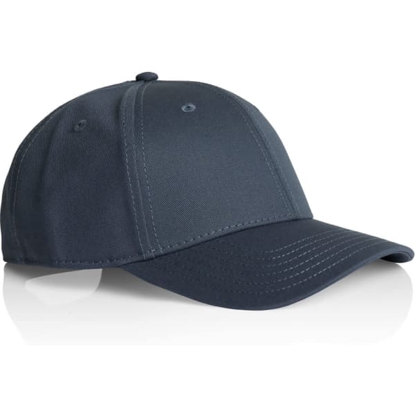 A dark grey cap featuring a structured design and a curved peak. It has a logo on the front.