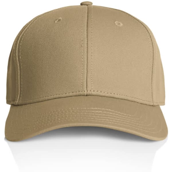 A beige cap with a curved brim and a solid design, featuring a small logo on the front.