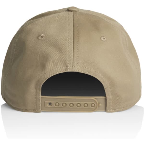 A khaki cap with a flat brim and an adjustable strap at the back. It features a logo on the side.