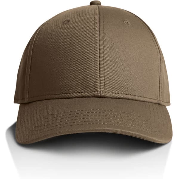 A brown cap with a structured front and a curved brim, featuring a logo on the front.