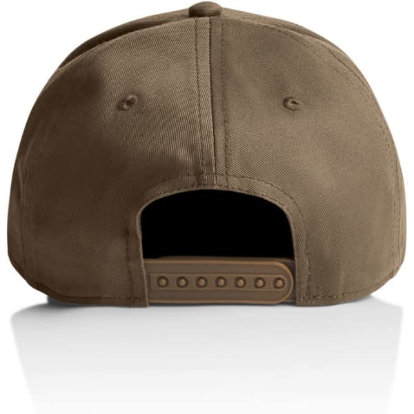 A brown cap featuring a snapback closure and a subtle logo on the back.