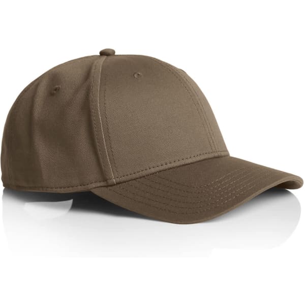 A brown cap with a curved brim, featuring stitching details and a logo on the front panel.