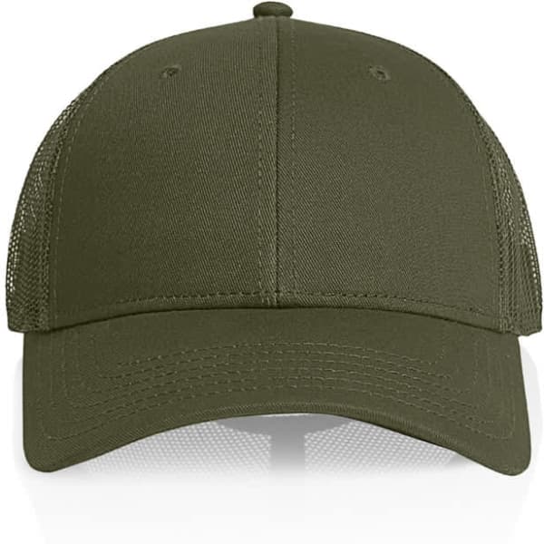 An olive green trucker cap with a solid front and mesh back, featuring a logo on the front.