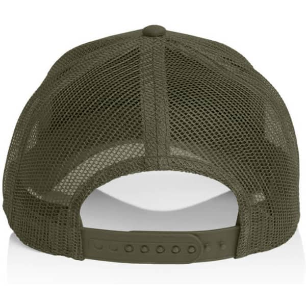 A trucker cap in olive green with a mesh back and an adjustable snap closure.