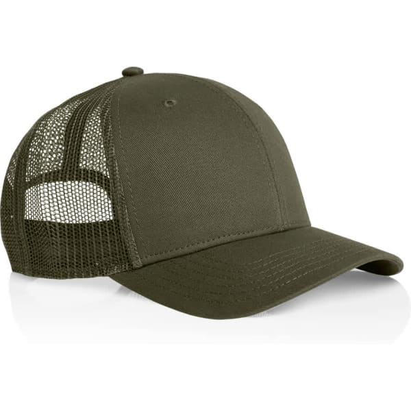 An olive green trucker cap with a mesh back and a solid front panel. It features a logo.