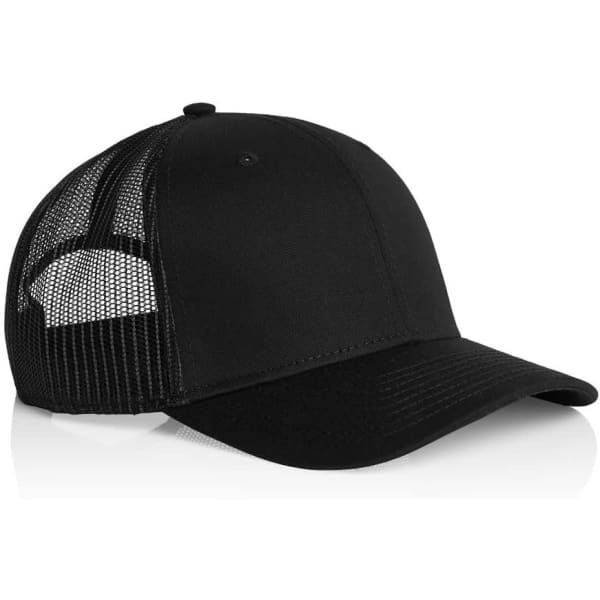 A black trucker cap featuring a mesh back and a solid front panel, including a branding logo.