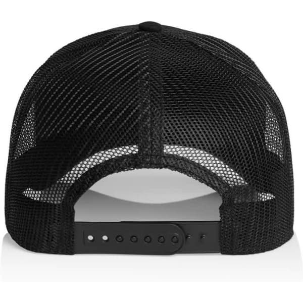 A black trucker cap with a mesh back and an adjustable strap. Features a logo on the front.