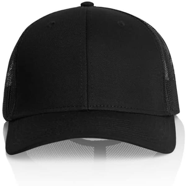 A black trucker cap with a solid front panel and mesh sides, featuring a logo on the front.