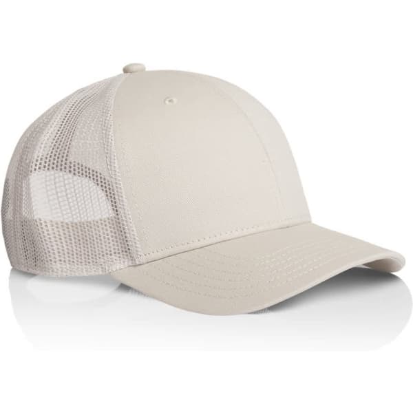 A beige trucker cap with a solid front and mesh back, featuring a logo on the front.