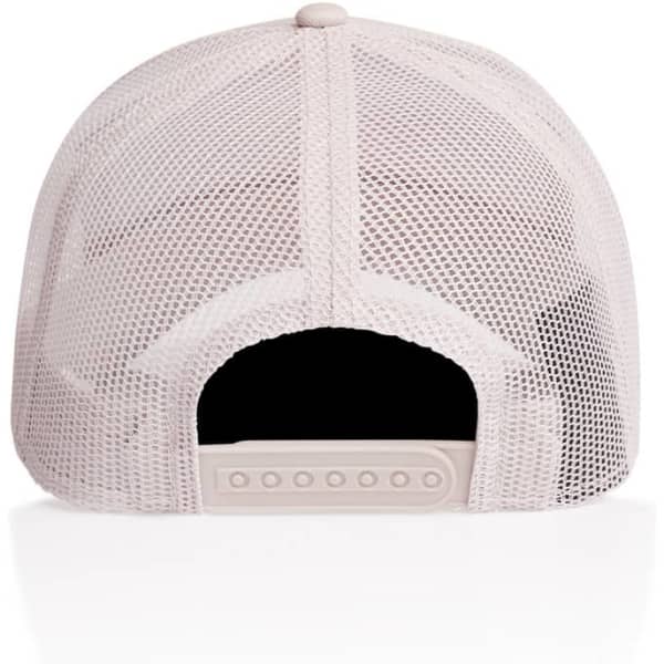 A trucker cap in light pink with a mesh back and adjustable snap closure. It features a logo on the side.