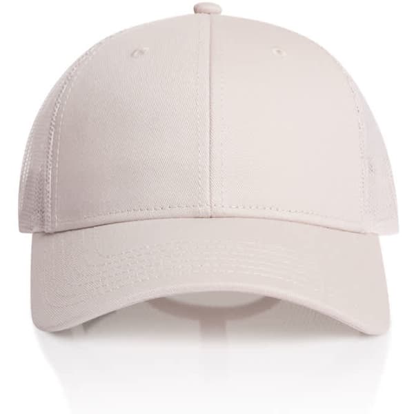 A light beige trucker cap with a solid front panel and mesh sides. It features a logo on the front.