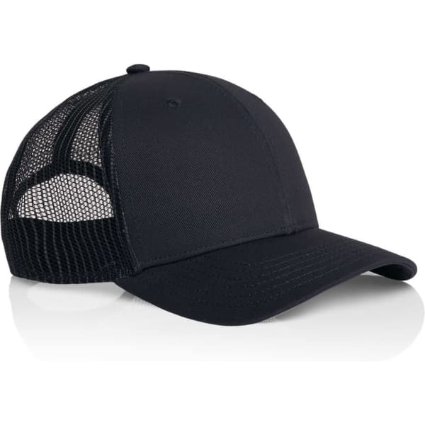 A black trucker cap featuring a mesh back and a solid front panel, designed for casual wear.