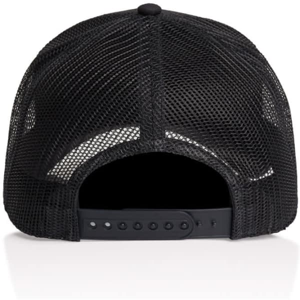 A black trucker cap with a mesh back, featuring an adjustable strap and a logo on the back.