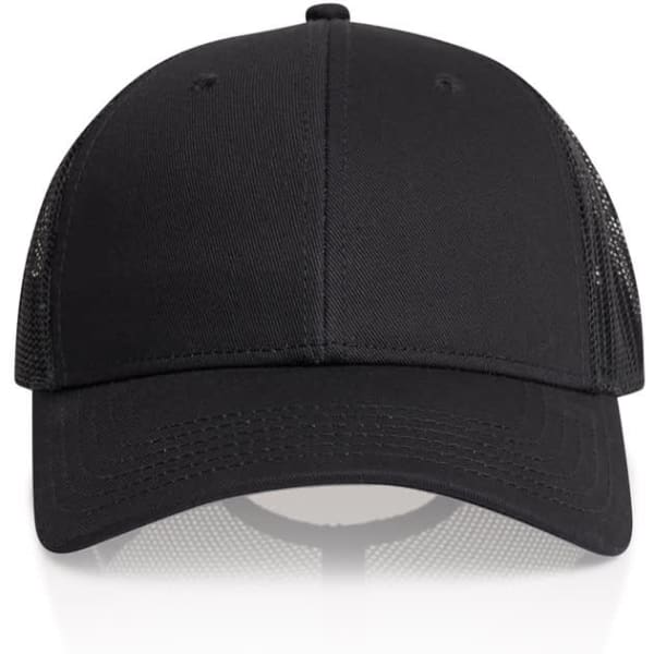 A black trucker cap with mesh panels and a solid front, featuring a logo on the front panel.
