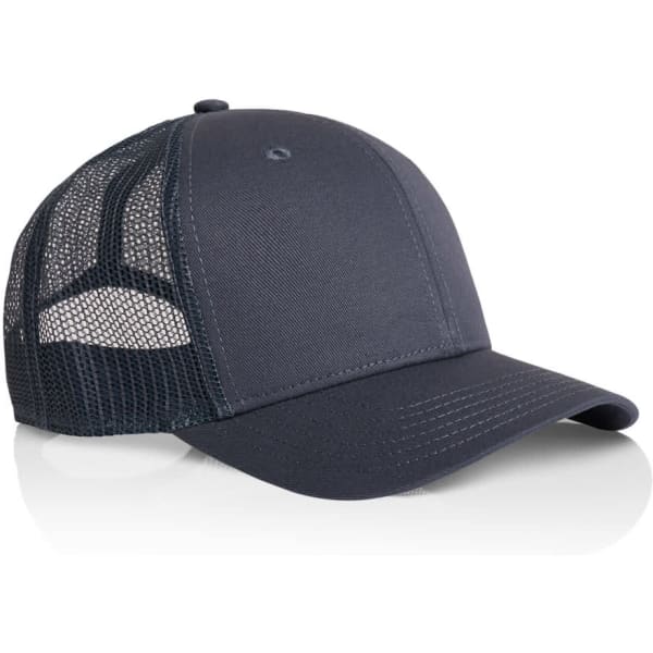 A dark navy trucker cap featuring a mesh back and a solid front panel, styled with a curved brim and a logo.