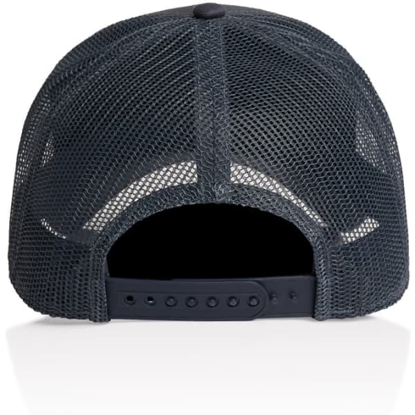 A dark grey trucker cap featuring a mesh back design and an adjustable strap. It has a branding logo.