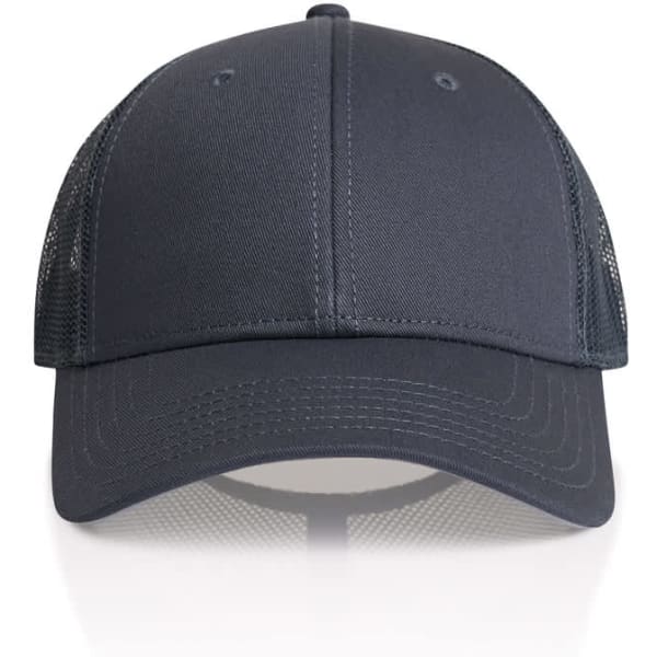 A grey trucker cap featuring a solid front and mesh back, with a logo on the front.