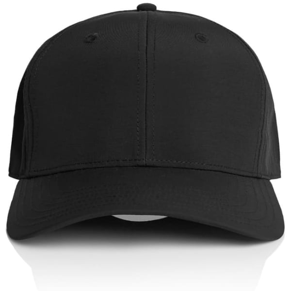 A black nylon cap with a structured front and a curved brim, featuring a logo.