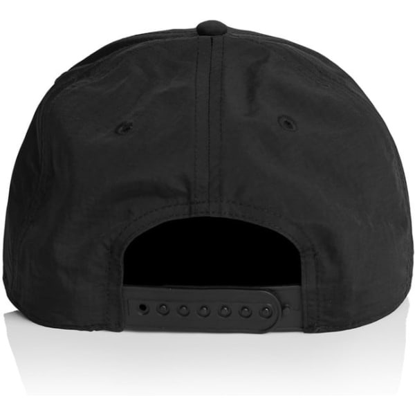 A black nylon cap featuring a rear snap closure and a logo on the back.