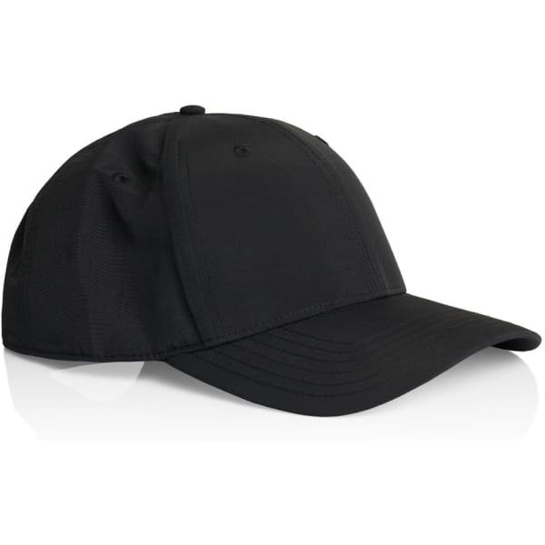 A black nylon cap with a curved brim and a solid design, featuring an adjustable strap at the back.