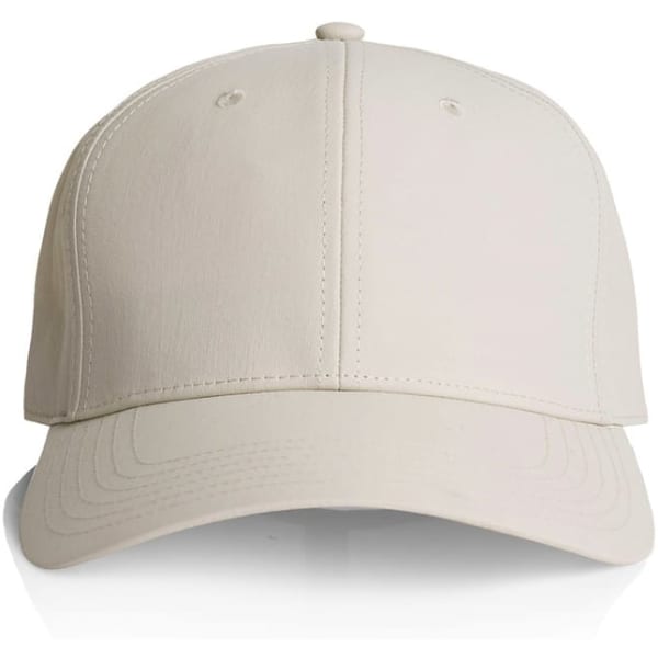 A beige nylon cap featuring a structured crown and a curved brim, with a logo on the front.