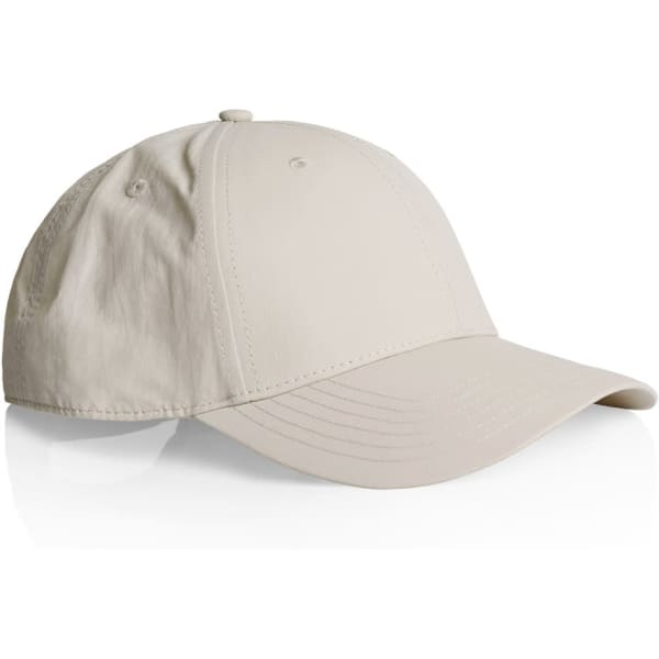 A beige nylon cap with a curved brim and an adjustable strap, featuring a logo on the side.