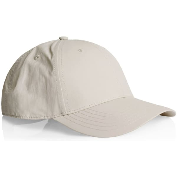 A beige nylon cap with a rounded crown and a curved brim, featuring a logo on the front.