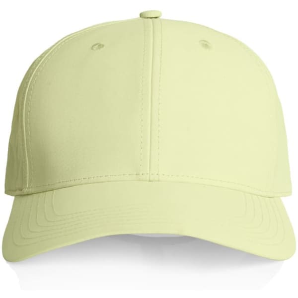 A light green nylon cap featuring a curved brim and an adjustable strap at the back. Contains a branding logo.