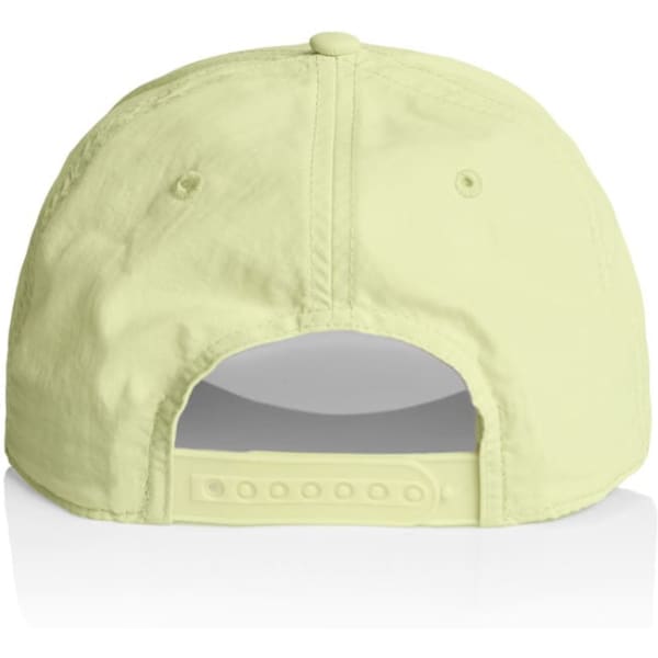 A light yellow cap with an adjustable strap at the back, featuring a logo.