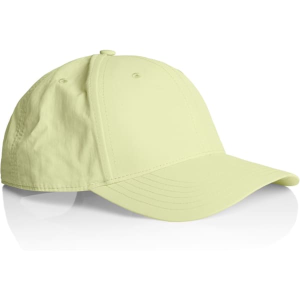 A light green nylon cap with a curved brim and a logo on the front.