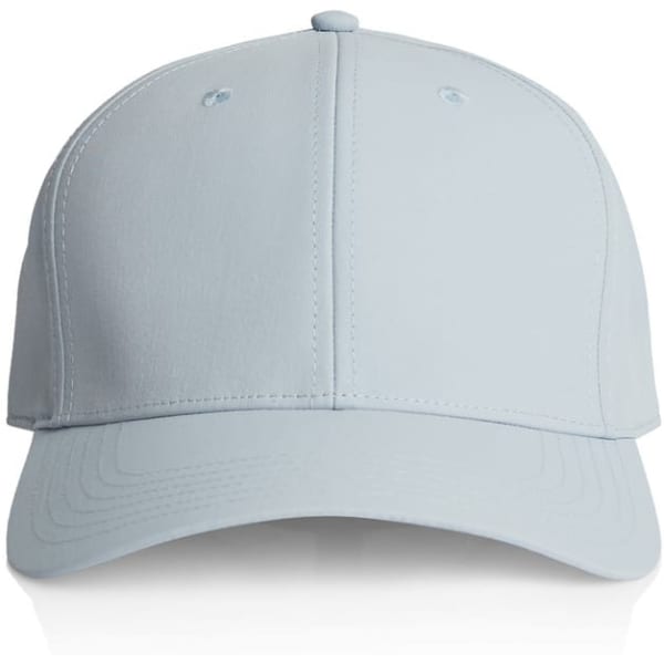 A light blue nylon cap with a curved brim and branding on the front.