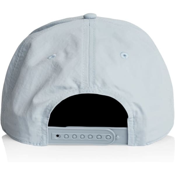 A pale blue nylon cap featuring a rear adjustable strap and a logo on the back.