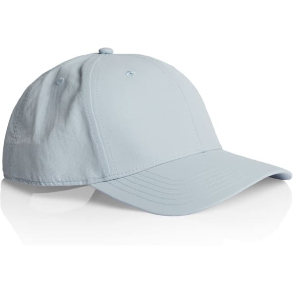 A light blue nylon cap, featuring a curved brim and a logo on the side.