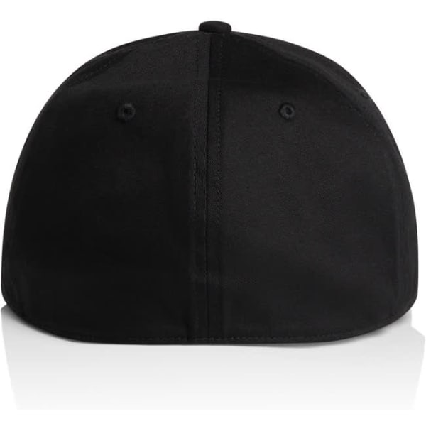 A black cap featuring a rounded design and an adjustable strap at the back, complete with a logo.
