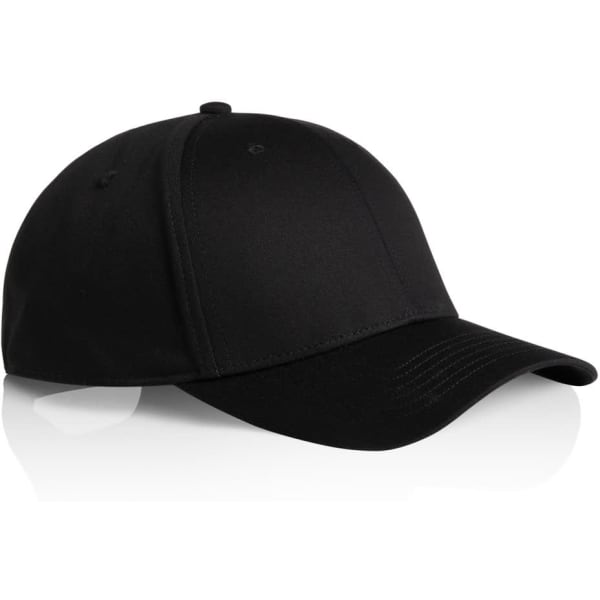 A black cap with a smooth finish, featuring a branded logo, angled to showcase the front and side view.