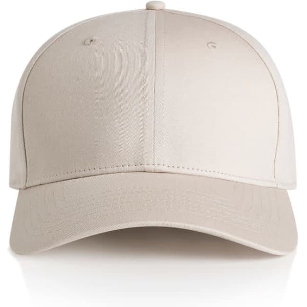 A beige cap with a structured design and a logo on the front.
