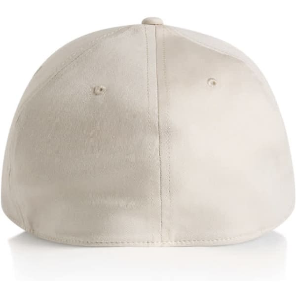 A beige cap with a curved brim and a logo present, showcased from the back.