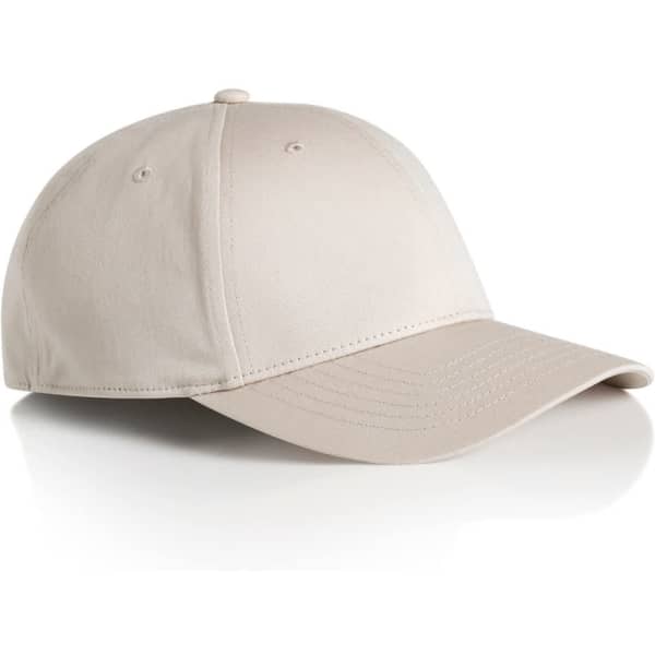 A beige cap with a rounded crown and a curved brim, featuring an adjustable strap and a logo.