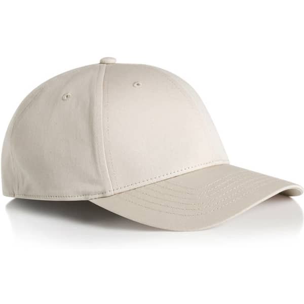 A beige cap featuring a curved brim and a logo on the front.