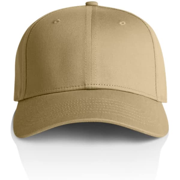 A beige cap with a curved brim and six-panel construction, featuring an embroidered logo.
